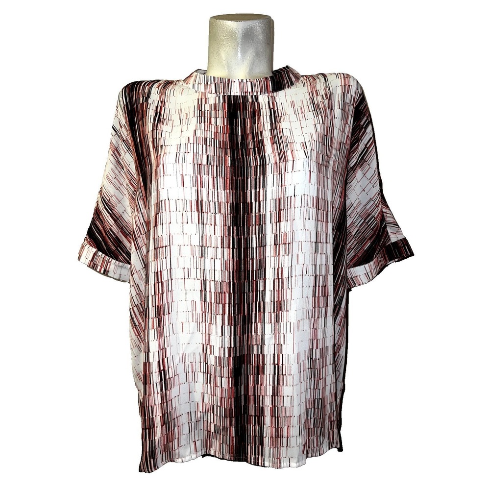 Worthington XL Womens Red Black White Abstract Print Boxy Mock Neck Blouse NWT